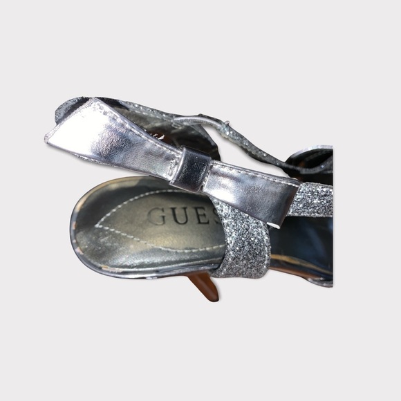 Guess platform stilettos heels size 6 open toe silver sparkly bow tie almond toe - Picture 12 of 15